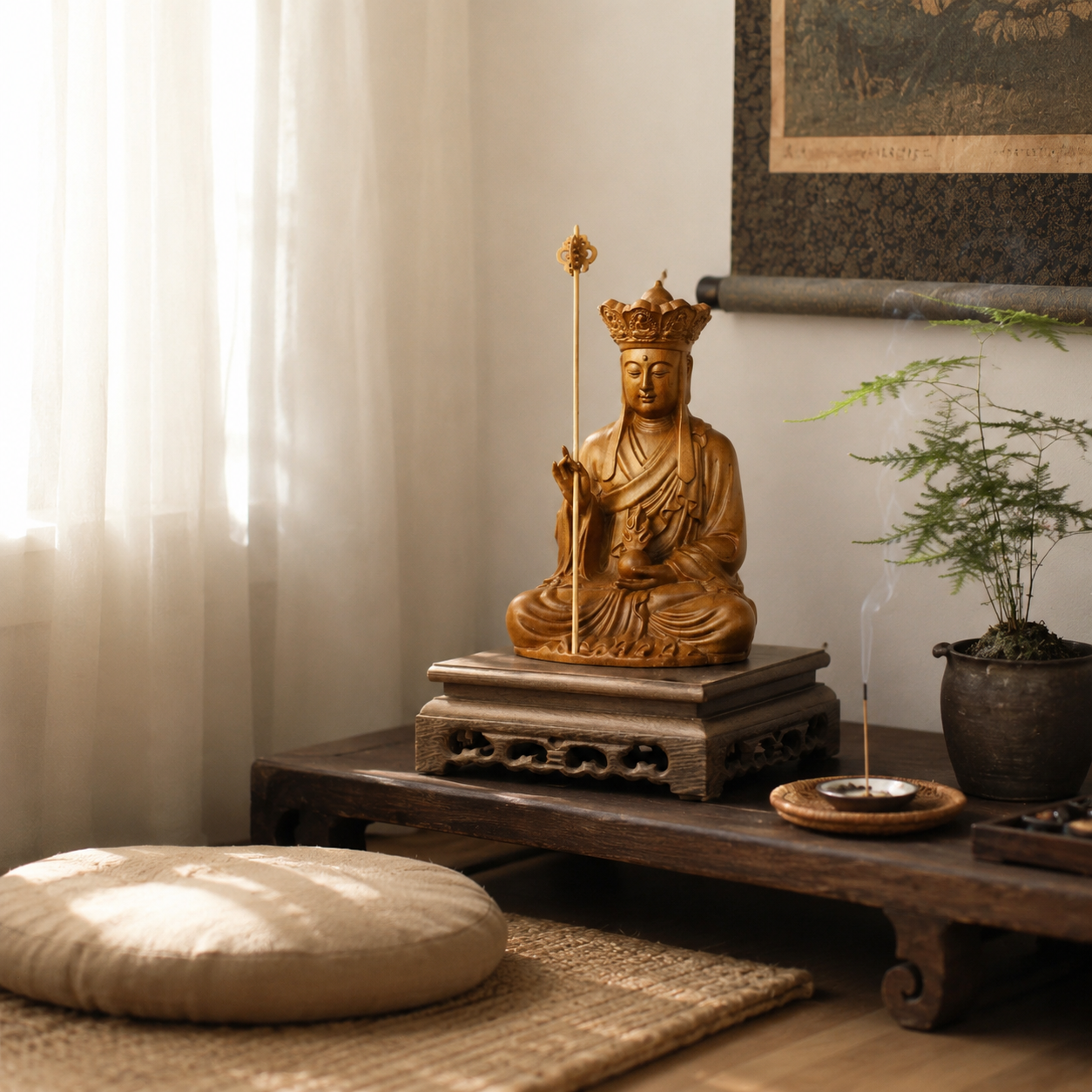 Ksitigarbha Bodhisattva Cypress Wood Statue