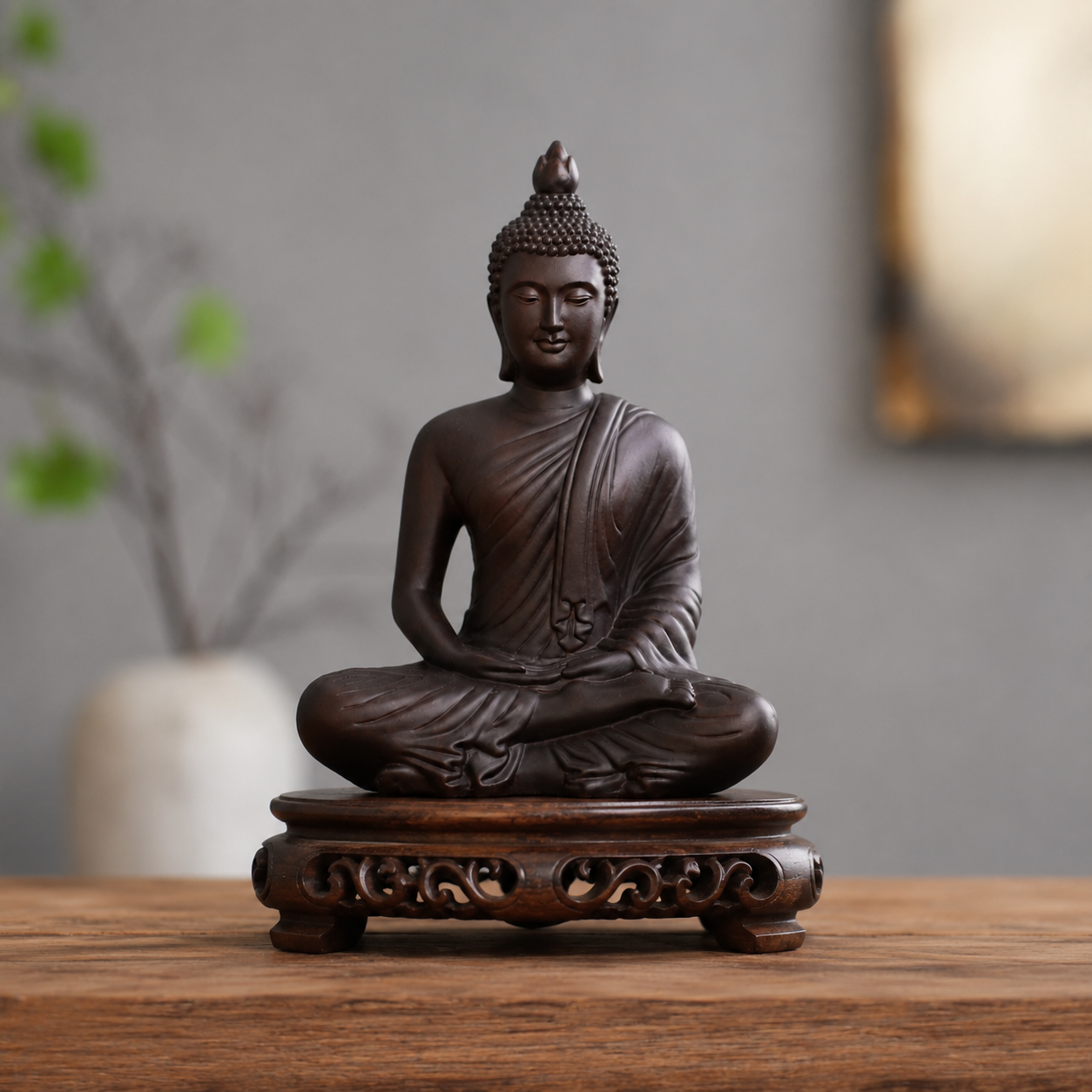 Hand-Carved Meditation Buddha Padauk Wood Statue