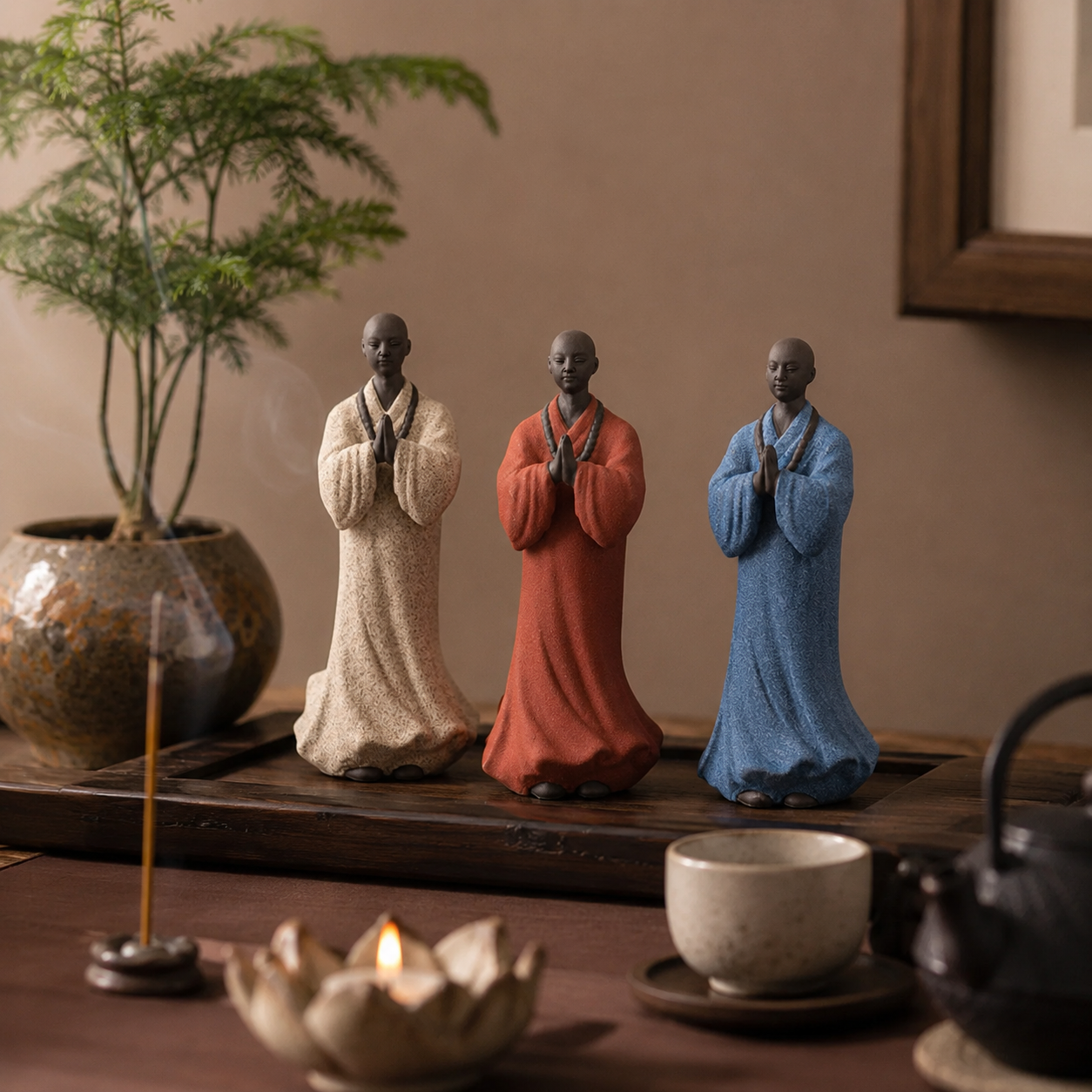 Standing Monk Prayer Statue Set