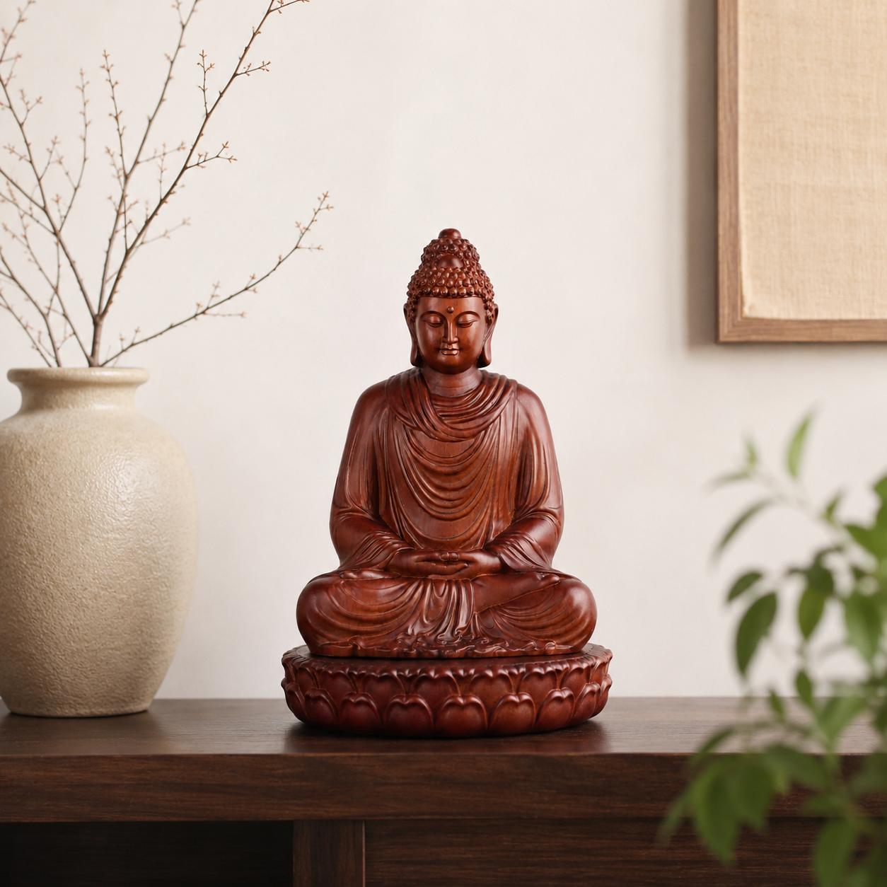 Shakyamuni Buddha Statue with Lotus Base – Solid Padauk Wood Decor
