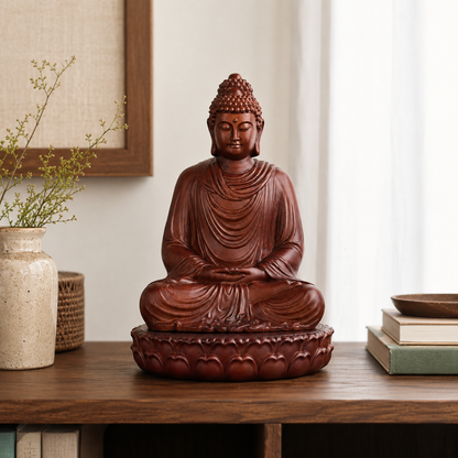 Shakyamuni Buddha Statue with Lotus Base – Solid Padauk Wood Decor