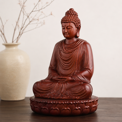 Shakyamuni Buddha Statue with Lotus Base – Solid Padauk Wood Decor