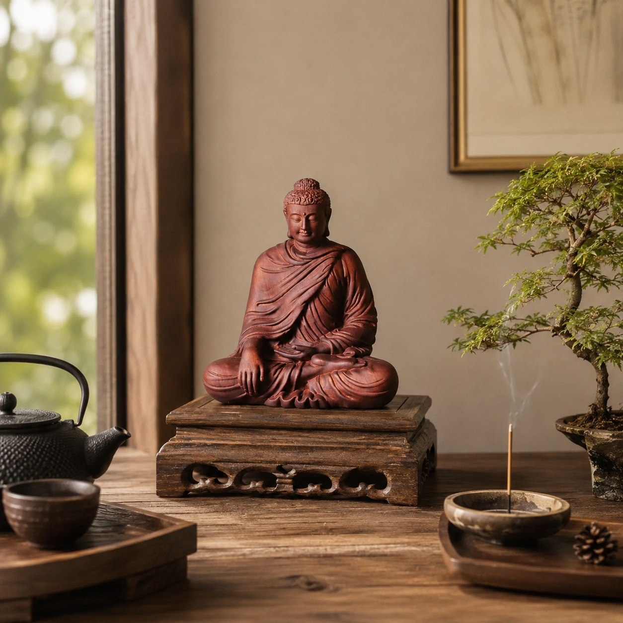Mara-Victory Buddha Red Fragrant Wood Statue