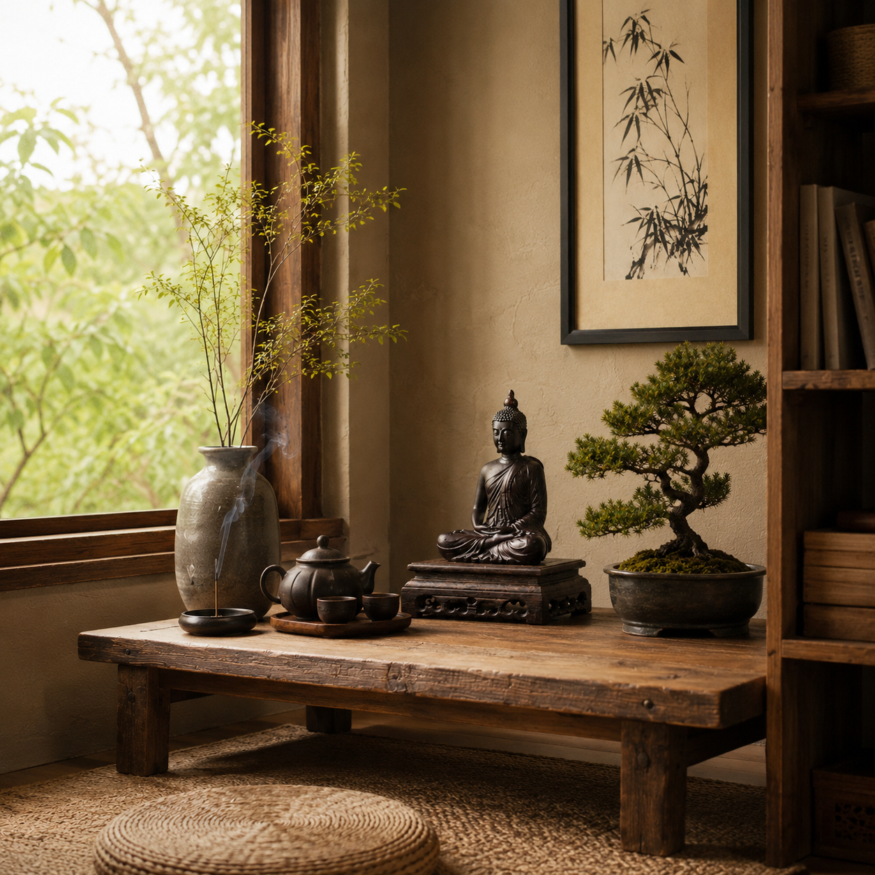 Hand-Carved Meditation Buddha Padauk Wood Statue
