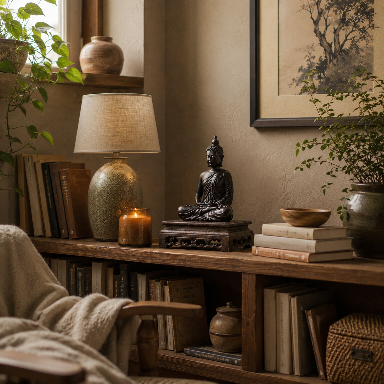 Hand-Carved Meditation Buddha Padauk Wood Statue