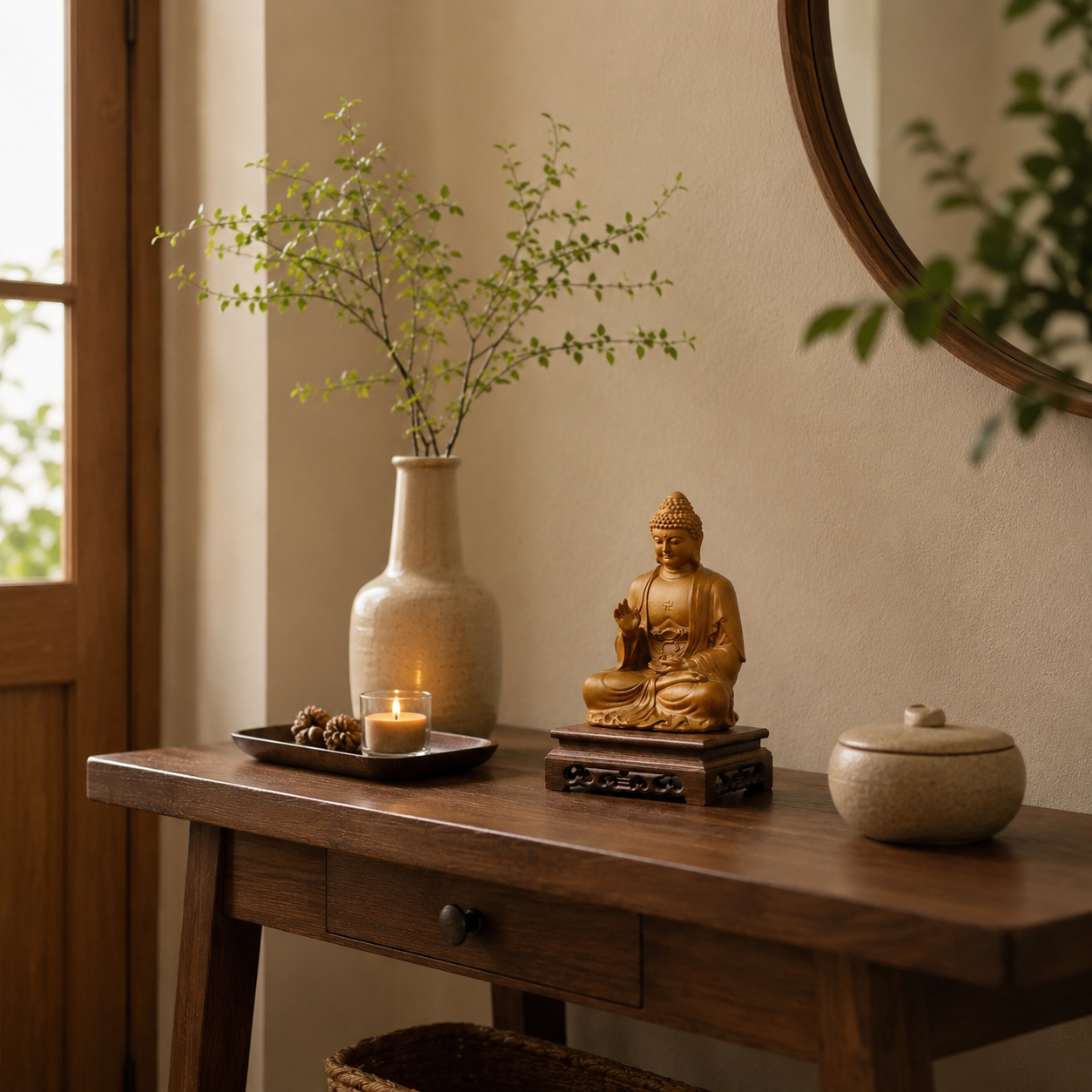Amitabha Buddha Fragrant Pine Wood Statue with Base