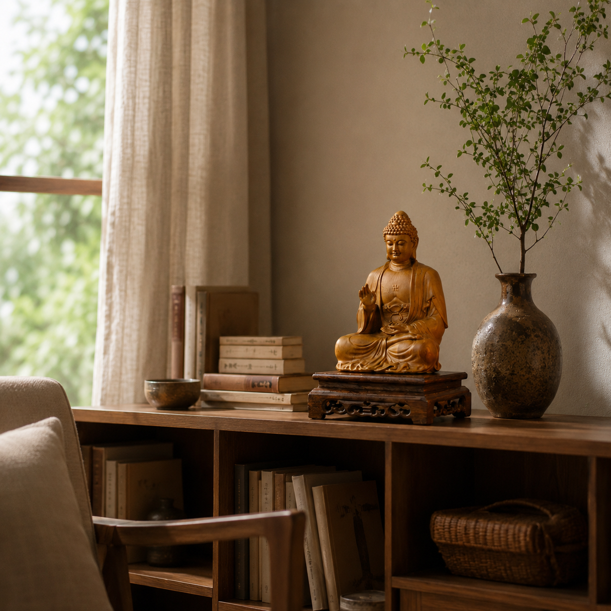 Amitabha Buddha Fragrant Pine Wood Statue with Base