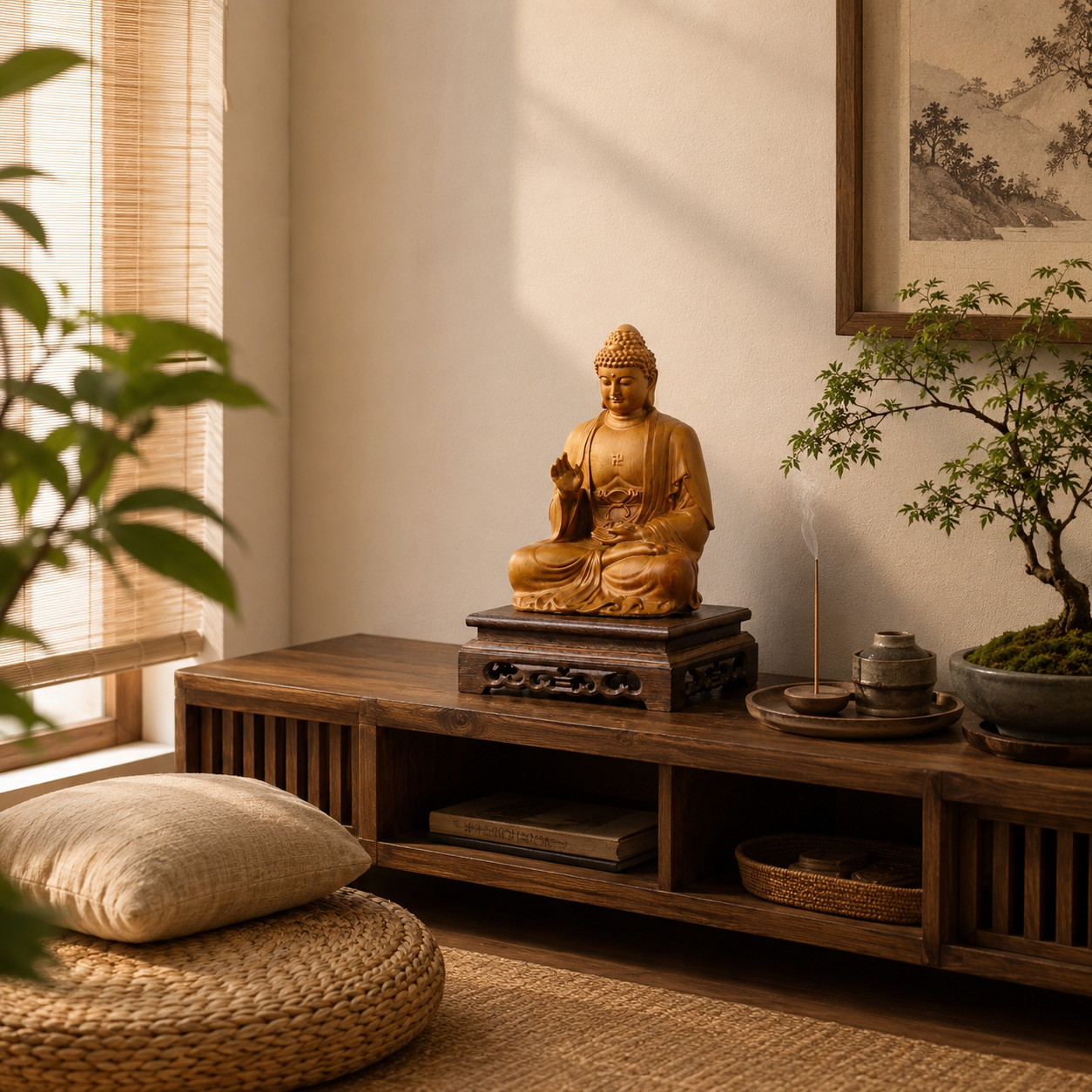 Amitabha Buddha Fragrant Pine Wood Statue with Base