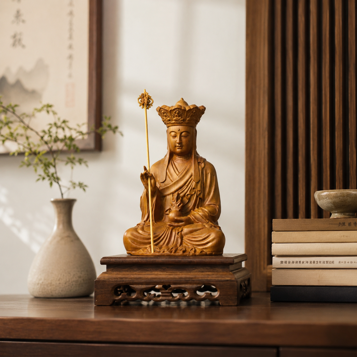 Ksitigarbha Bodhisattva Cypress Wood Statue