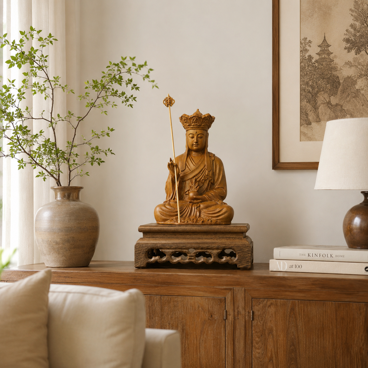 Ksitigarbha Bodhisattva Cypress Wood Statue