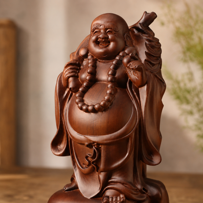 Laughing Buddha with Money Bag Padauk Wood Statue