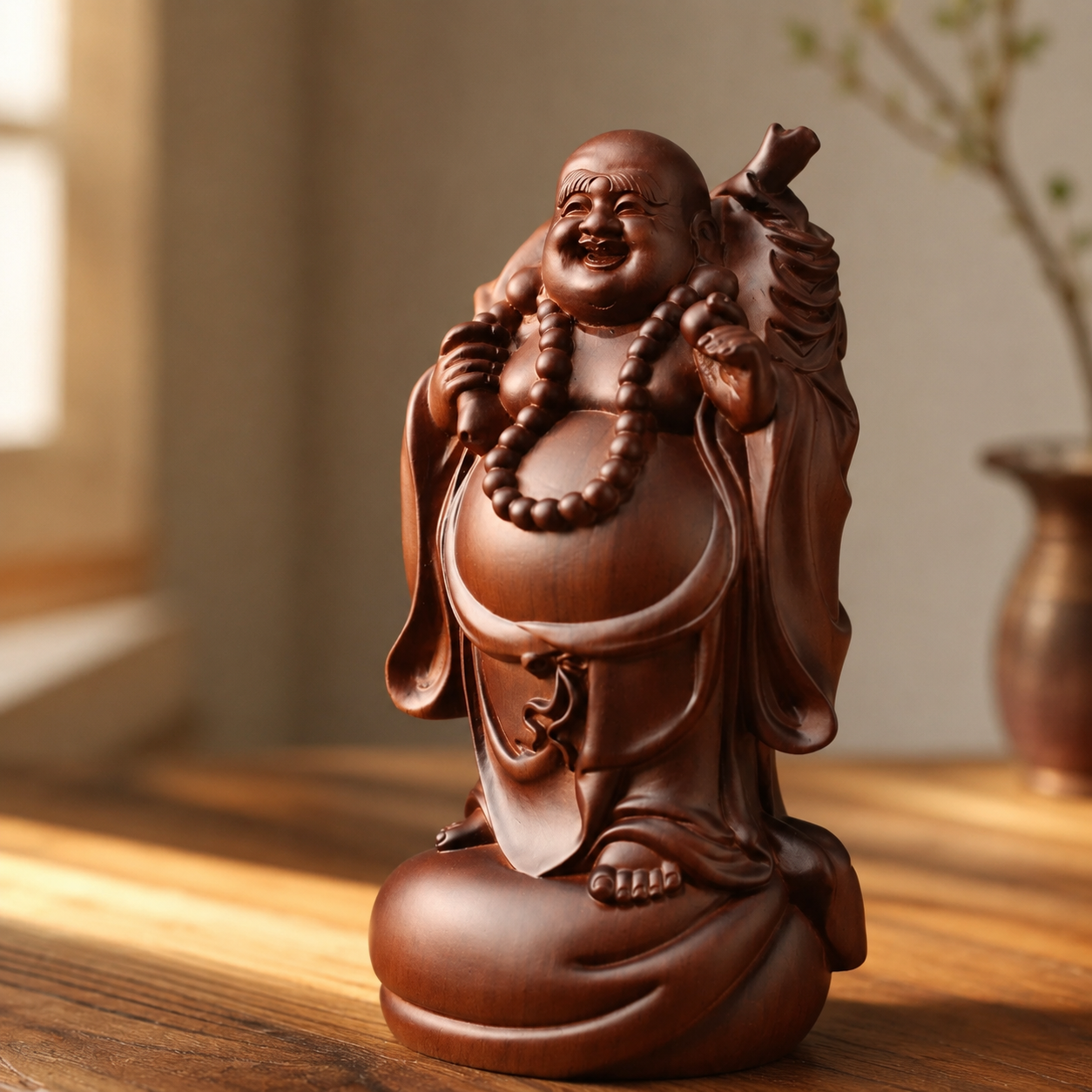 Laughing Buddha with Money Bag Padauk Wood Statue