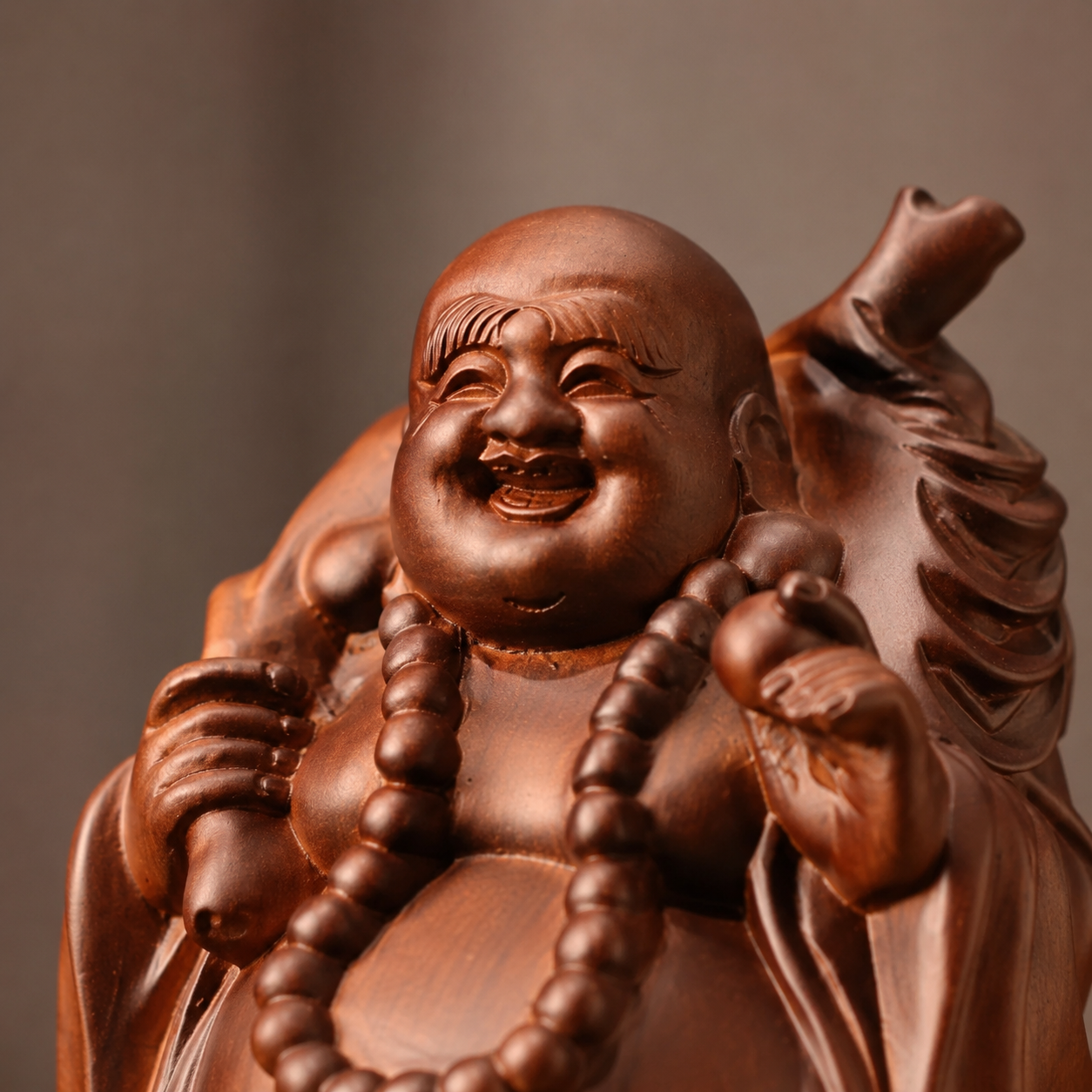 Laughing Buddha with Money Bag Padauk Wood Statue
