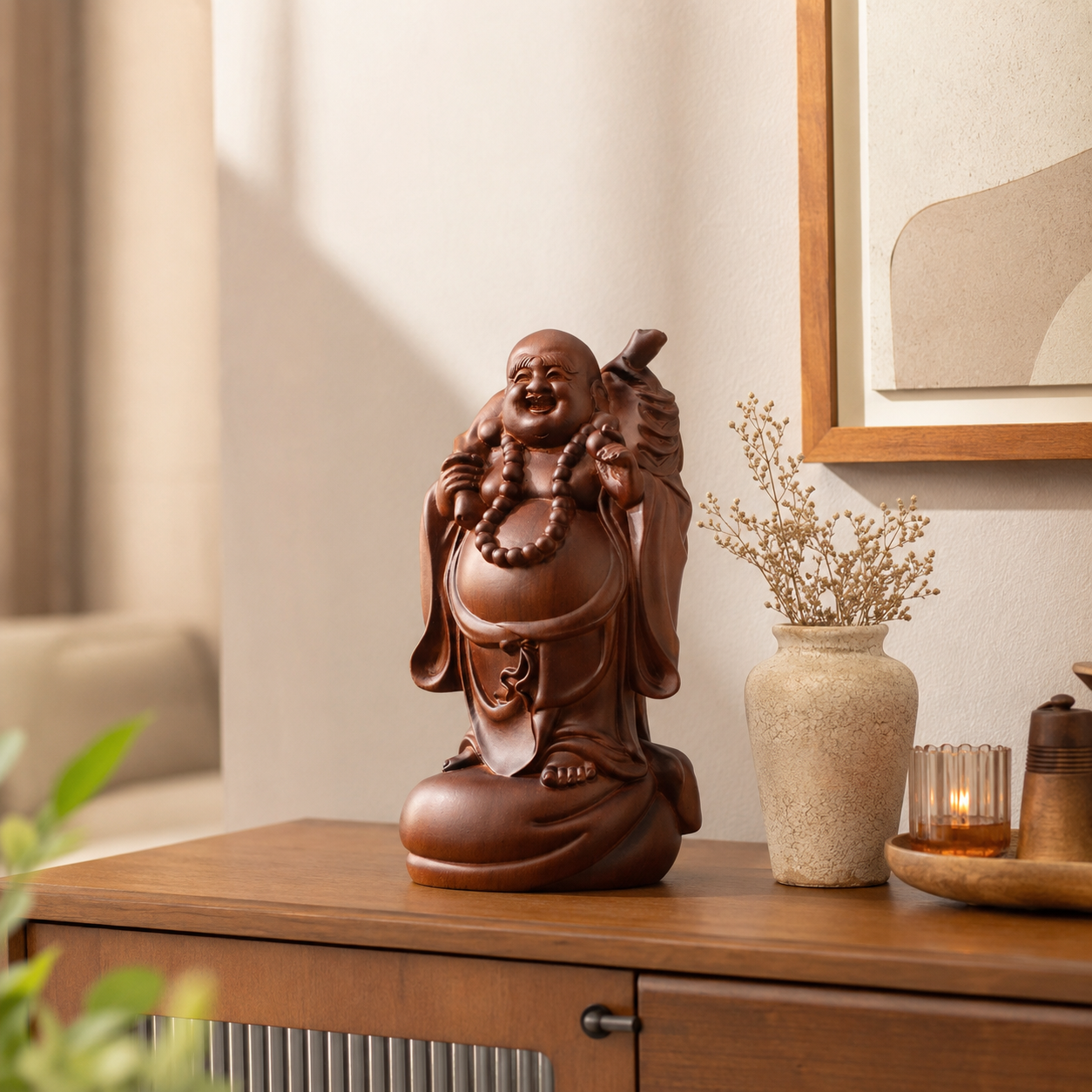 Laughing Buddha with Money Bag Padauk Wood Statue