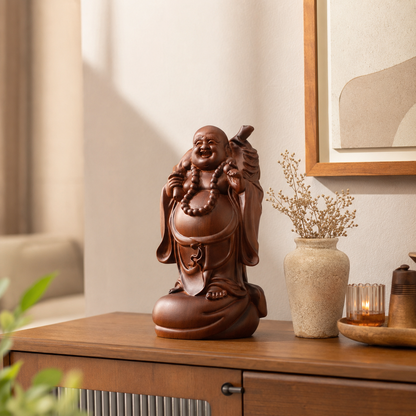 Laughing Buddha with Money Bag Padauk Wood Statue