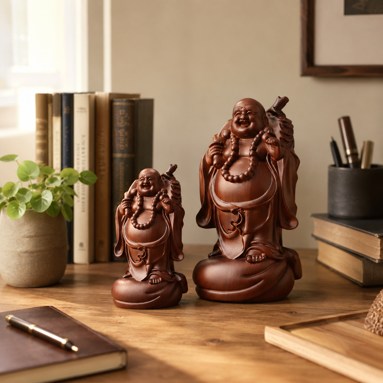 Laughing Buddha with Money Bag Padauk Wood Statue