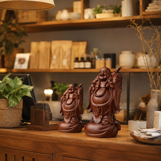 Laughing Buddha with Money Bag Padauk Wood Statue