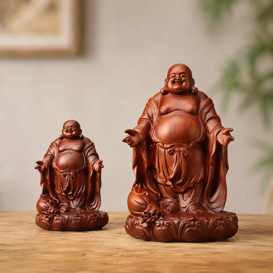 Open-Arm Laughing Buddha Padauk Wood Statue