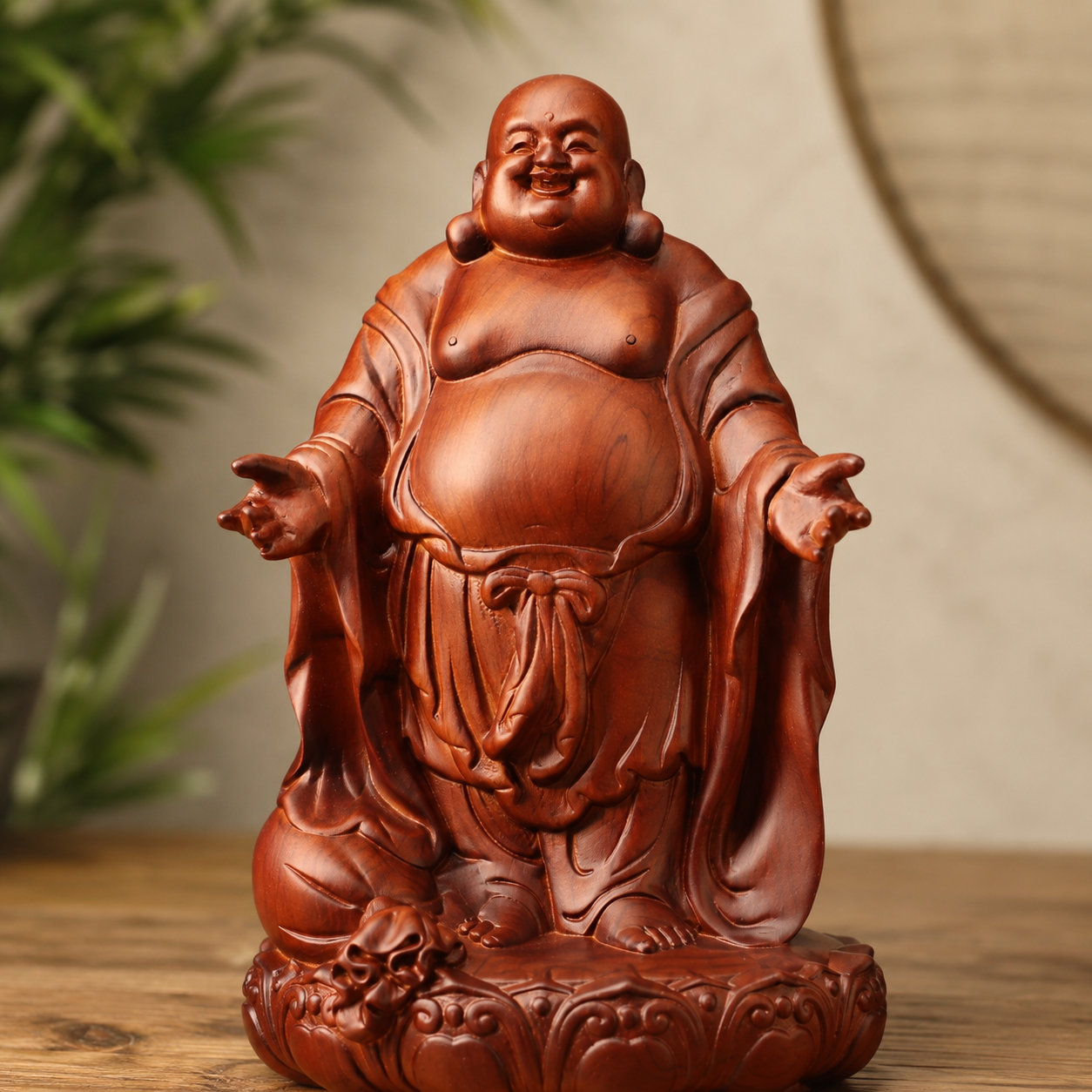 Open-Arm Laughing Buddha Padauk Wood Statue