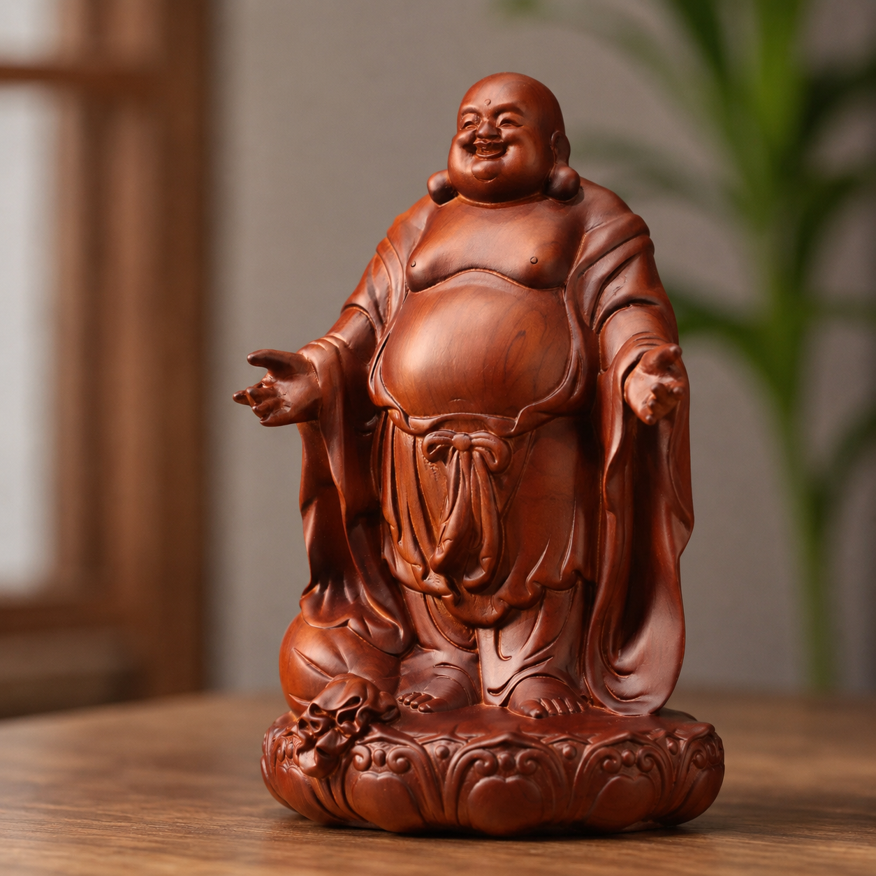 Open-Arm Laughing Buddha Padauk Wood Statue