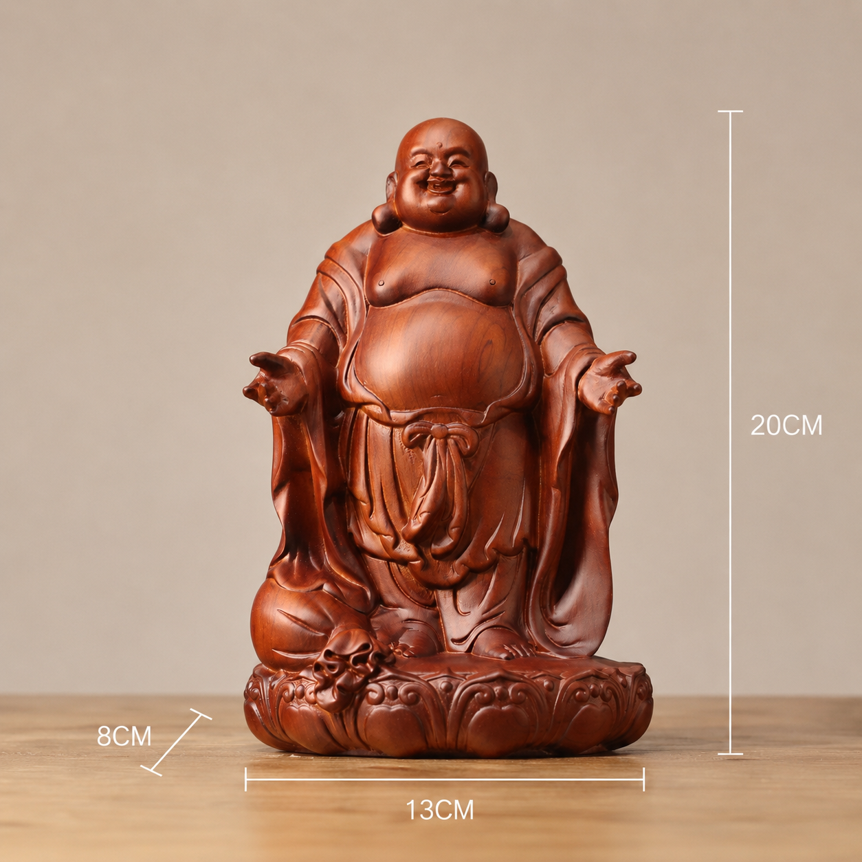 Open-Arm Laughing Buddha Padauk Wood Statue