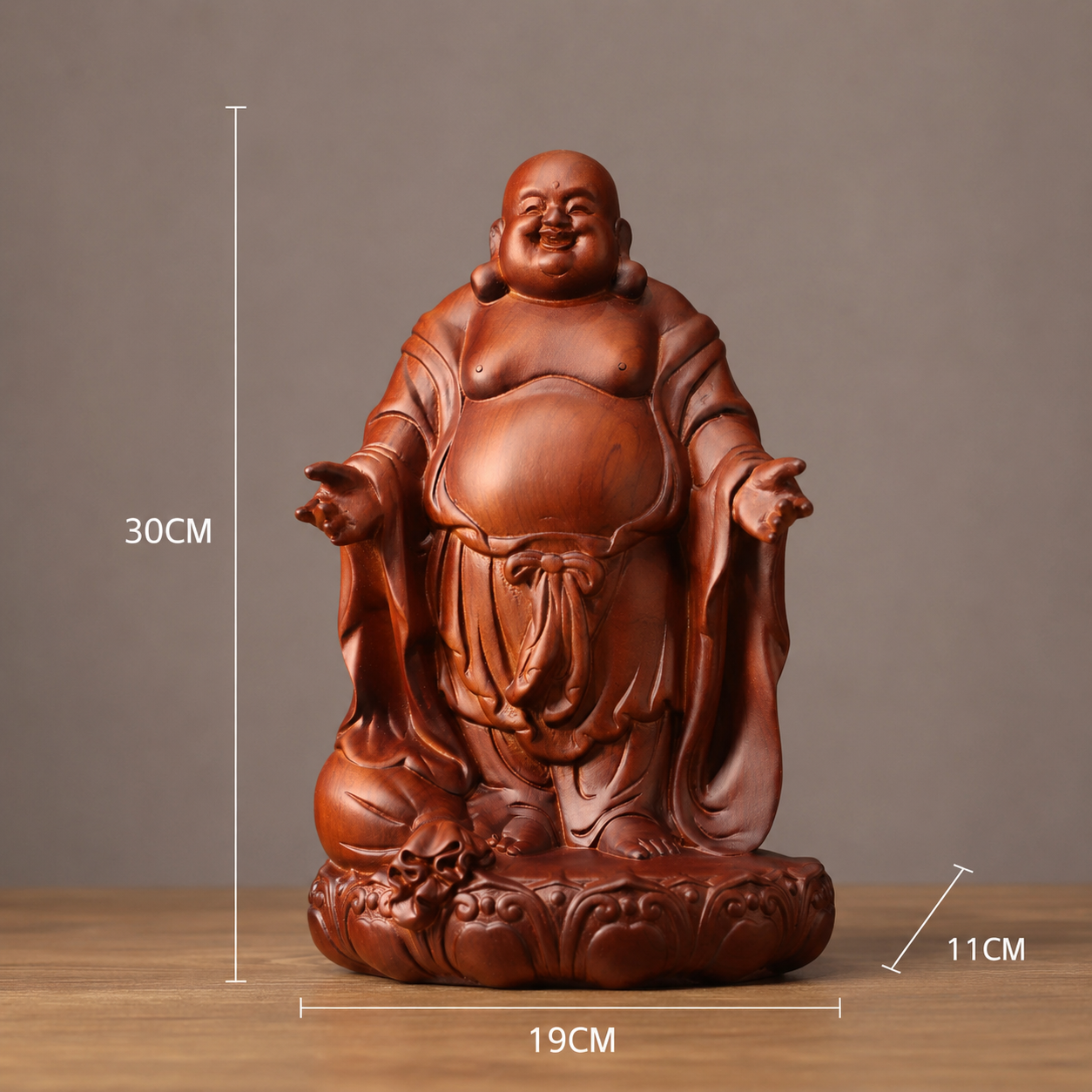 Open-Arm Laughing Buddha Padauk Wood Statue