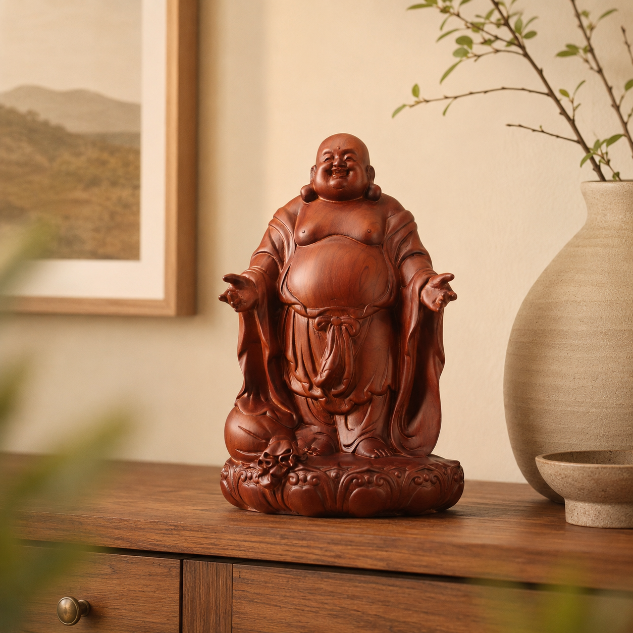 Open-Arm Laughing Buddha Padauk Wood Statue