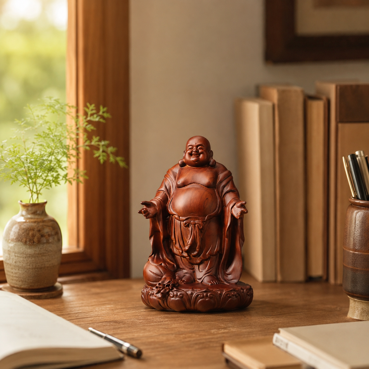 Open-Arm Laughing Buddha Padauk Wood Statue