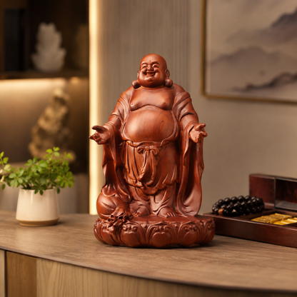 Open-Arm Laughing Buddha Padauk Wood Statue