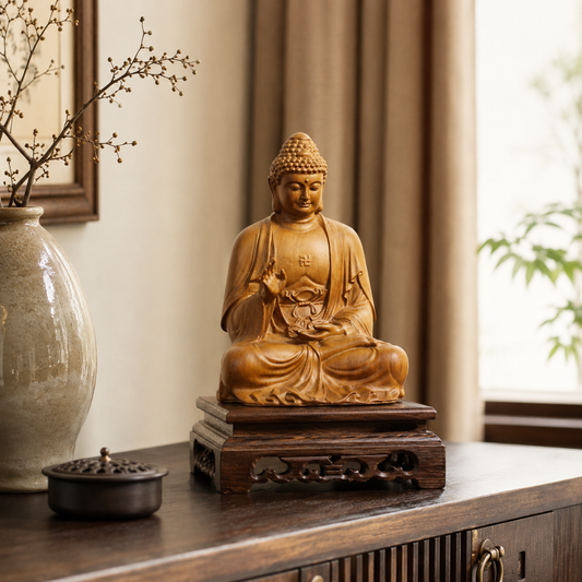 Amitabha Buddha Cypress Wood Statue