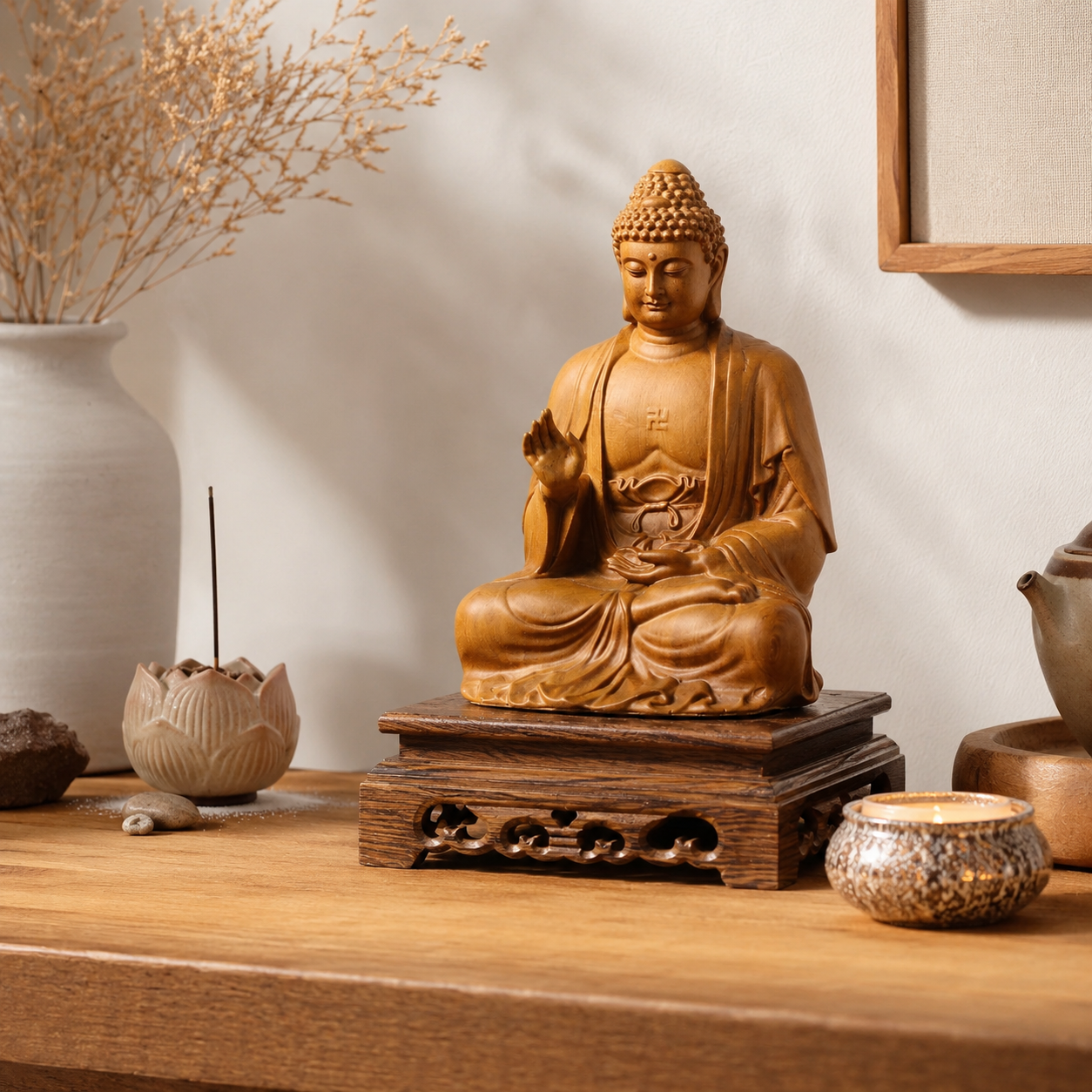 Amitabha Buddha Cypress Wood Statue