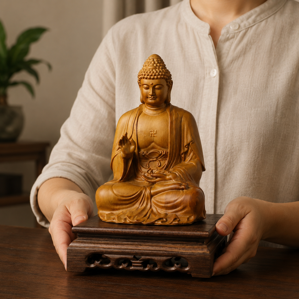Amitabha Buddha Cypress Wood Statue
