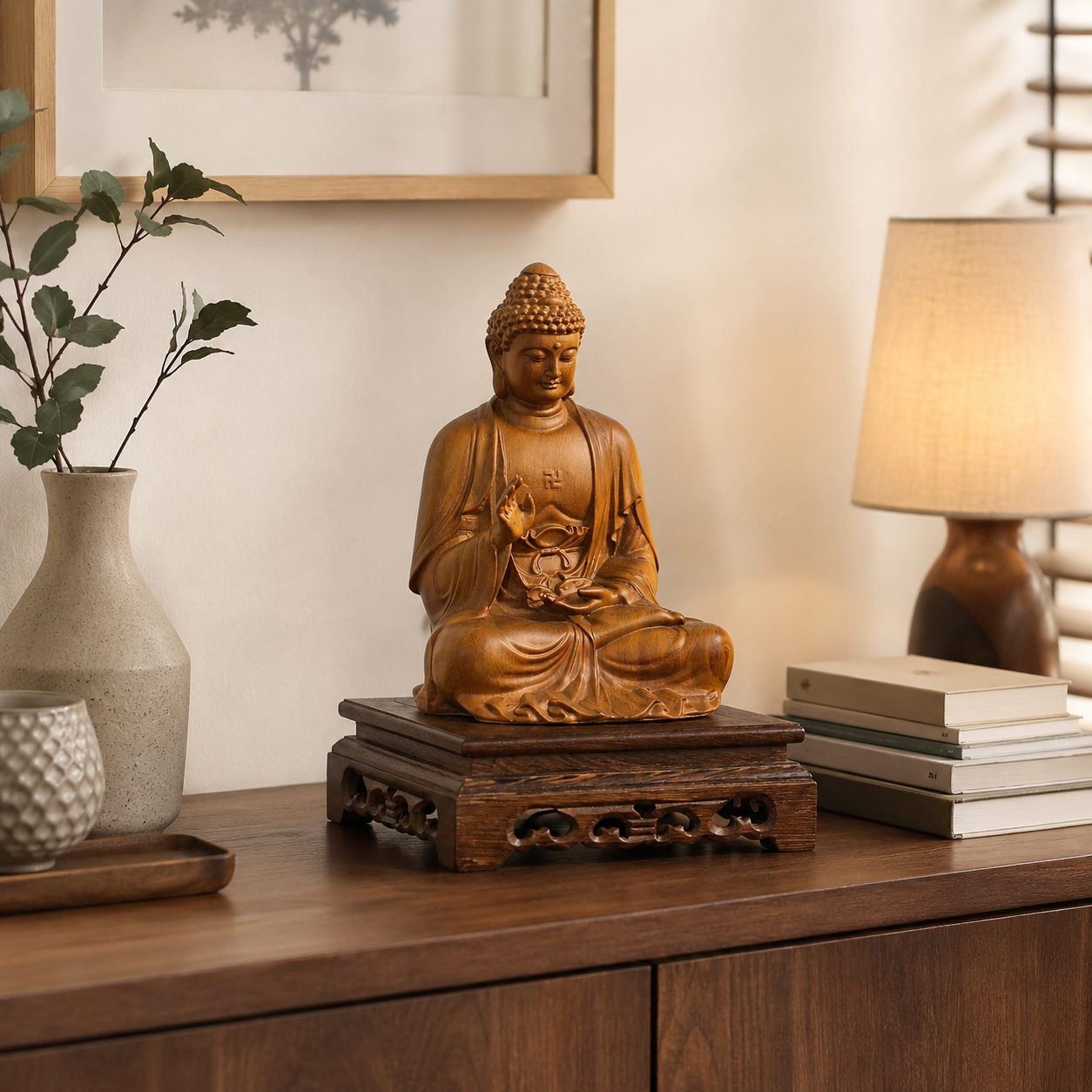Amitabha Buddha Cypress Wood Statue