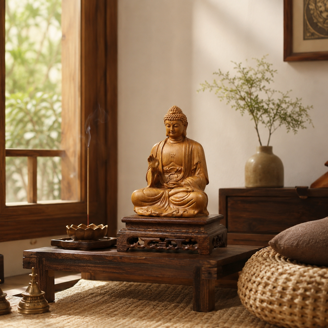 Amitabha Buddha Cypress Wood Statue