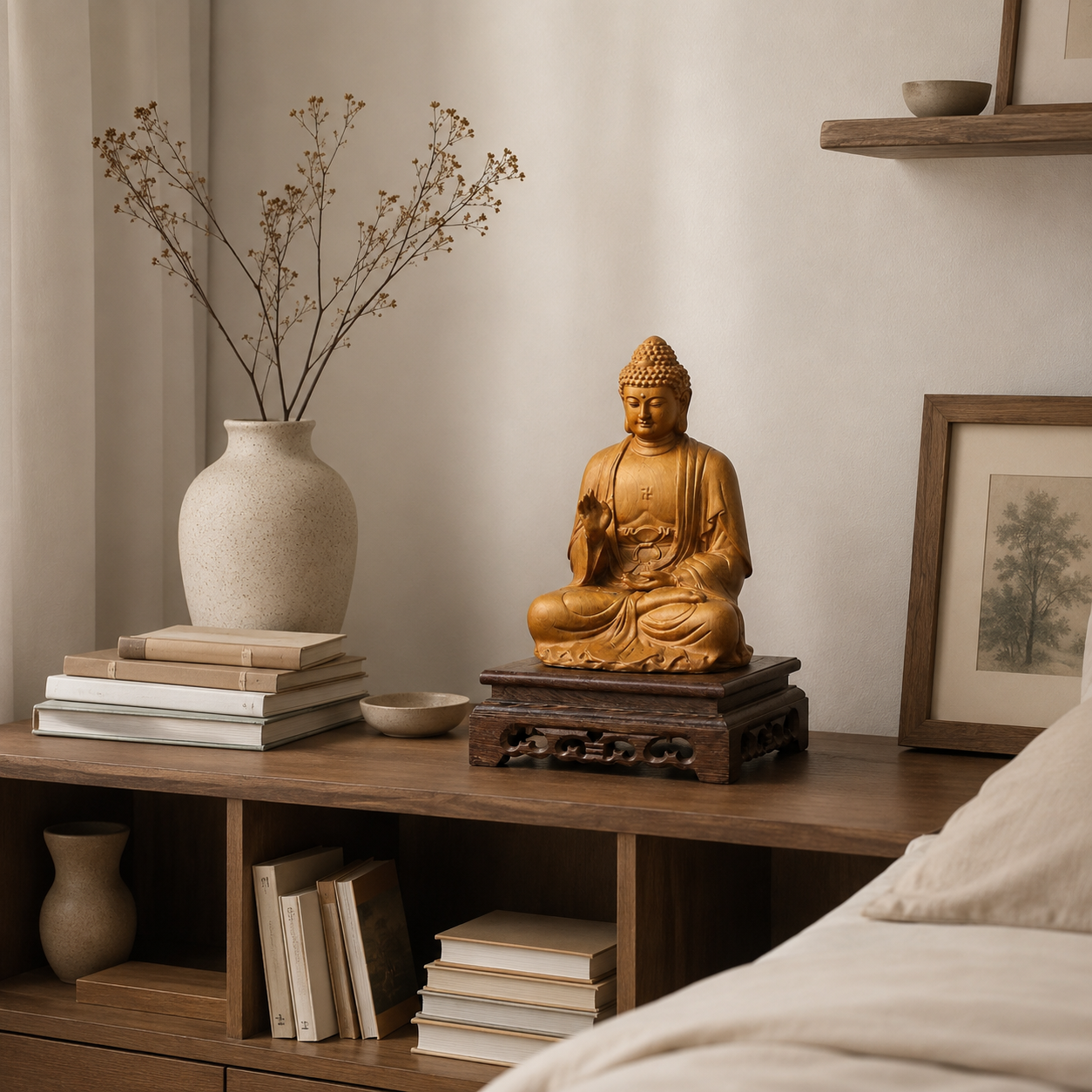Amitabha Buddha Cypress Wood Statue