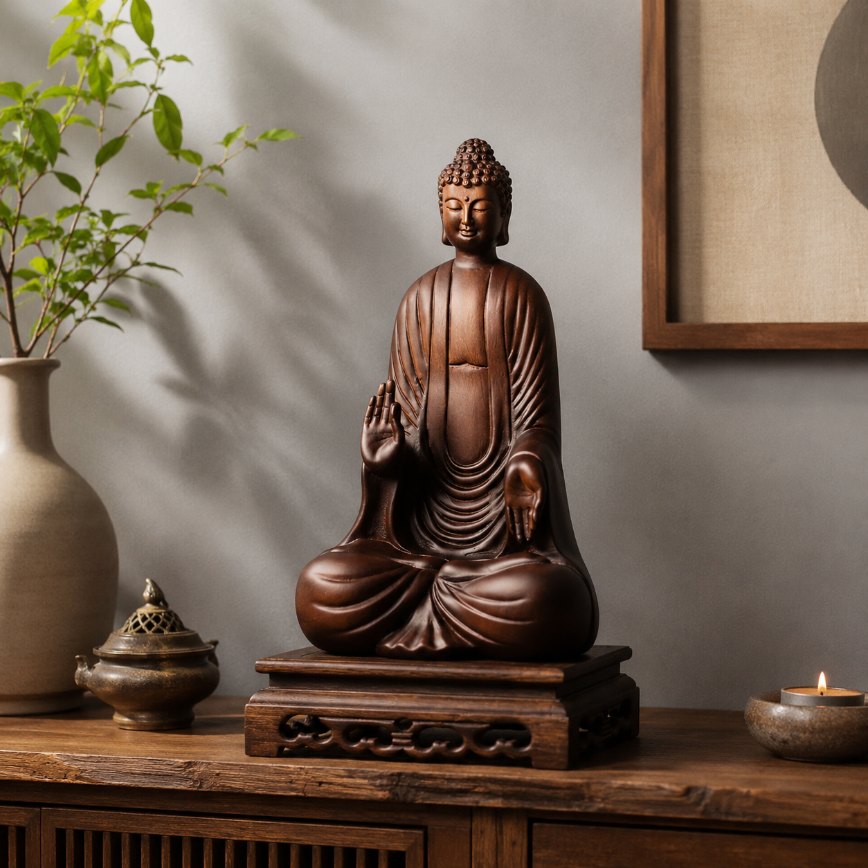 Blessing Buddha Padauk Wood Statue