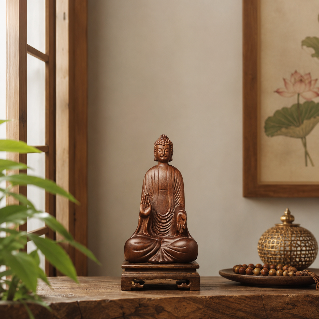 Blessing Buddha Padauk Wood Statue