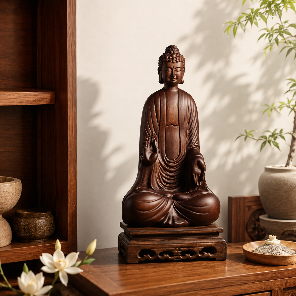 Blessing Buddha Padauk Wood Statue