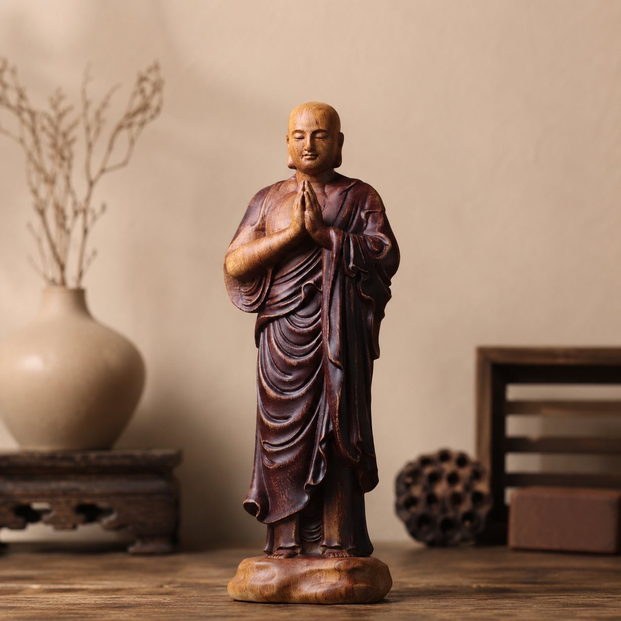 Ananda Monk Prayer Padauk Wood Statue