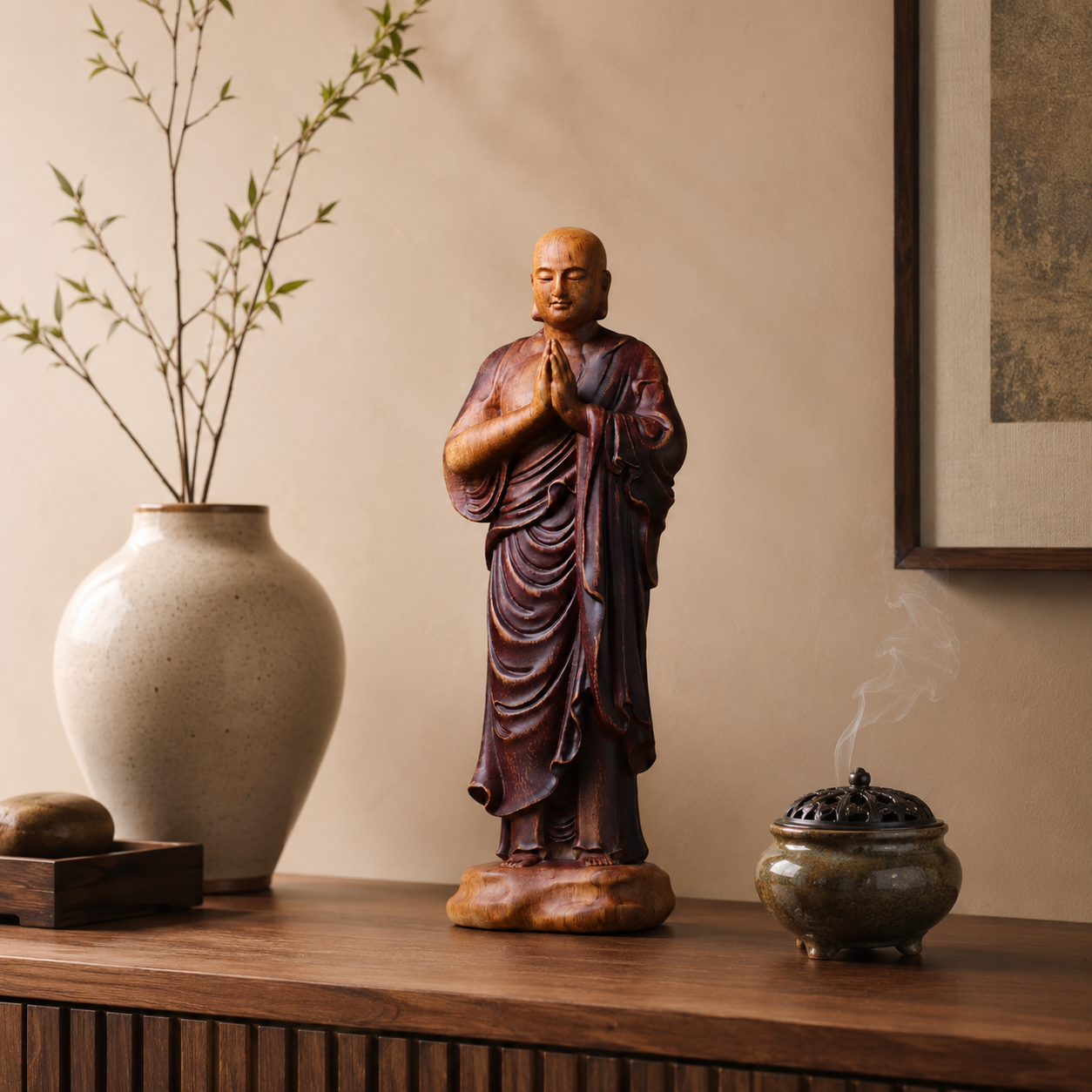 Ananda Monk Prayer Padauk Wood Statue