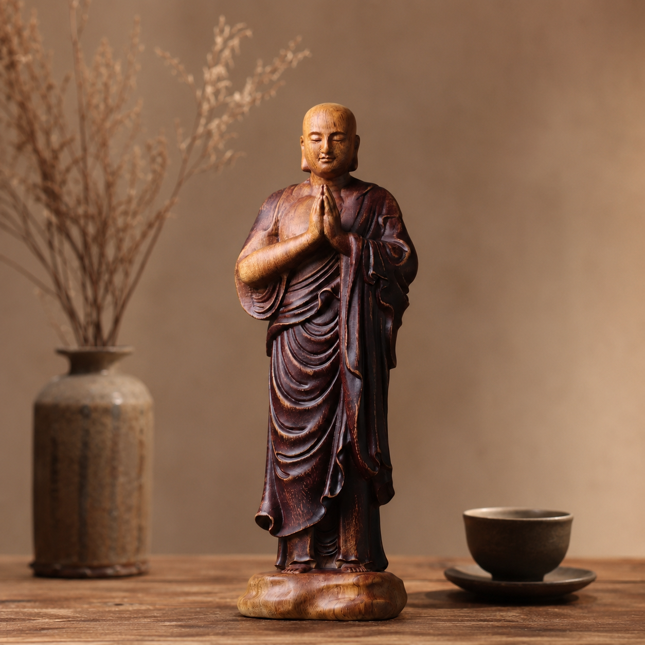 Ananda Monk Prayer Padauk Wood Statue