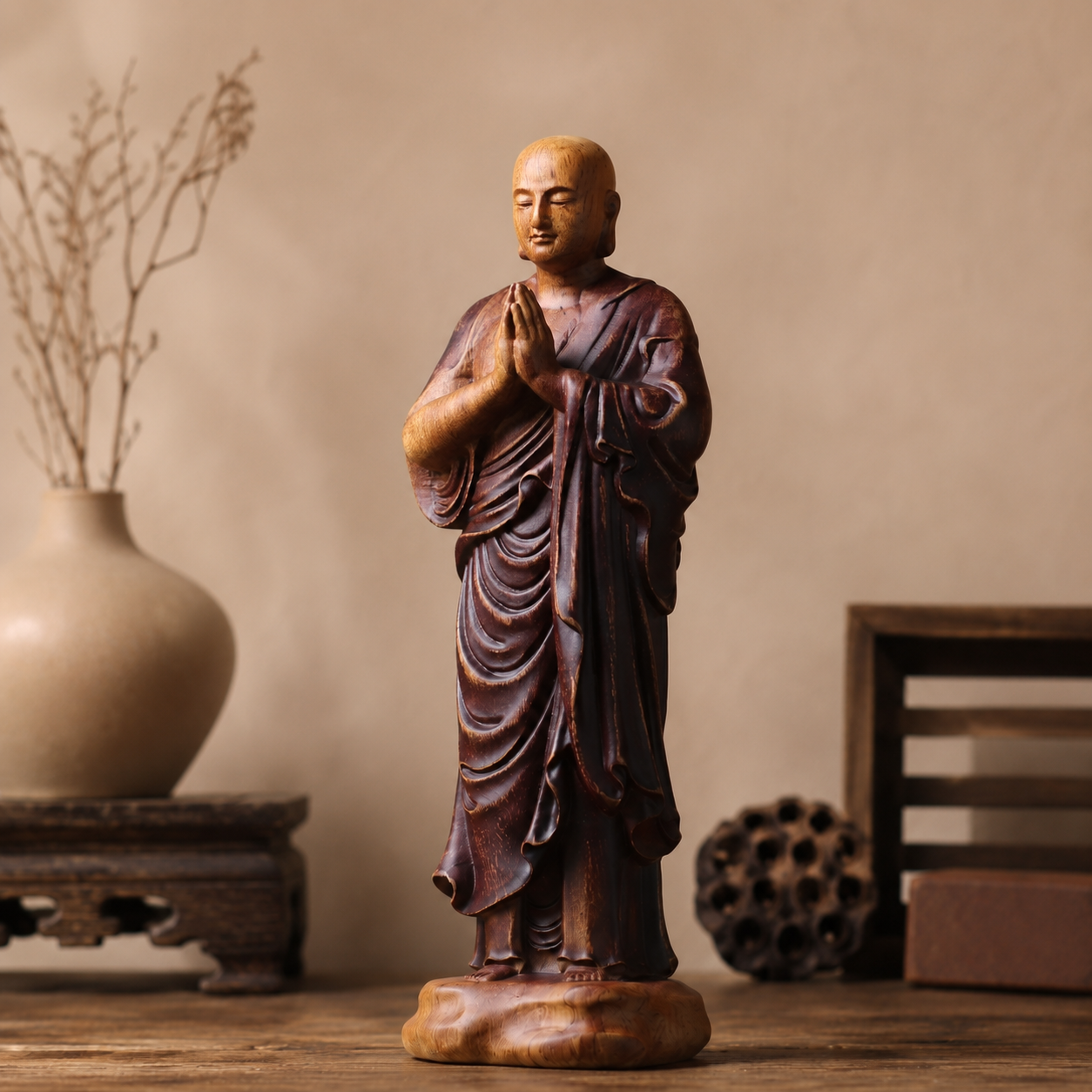 Ananda Monk Prayer Padauk Wood Statue